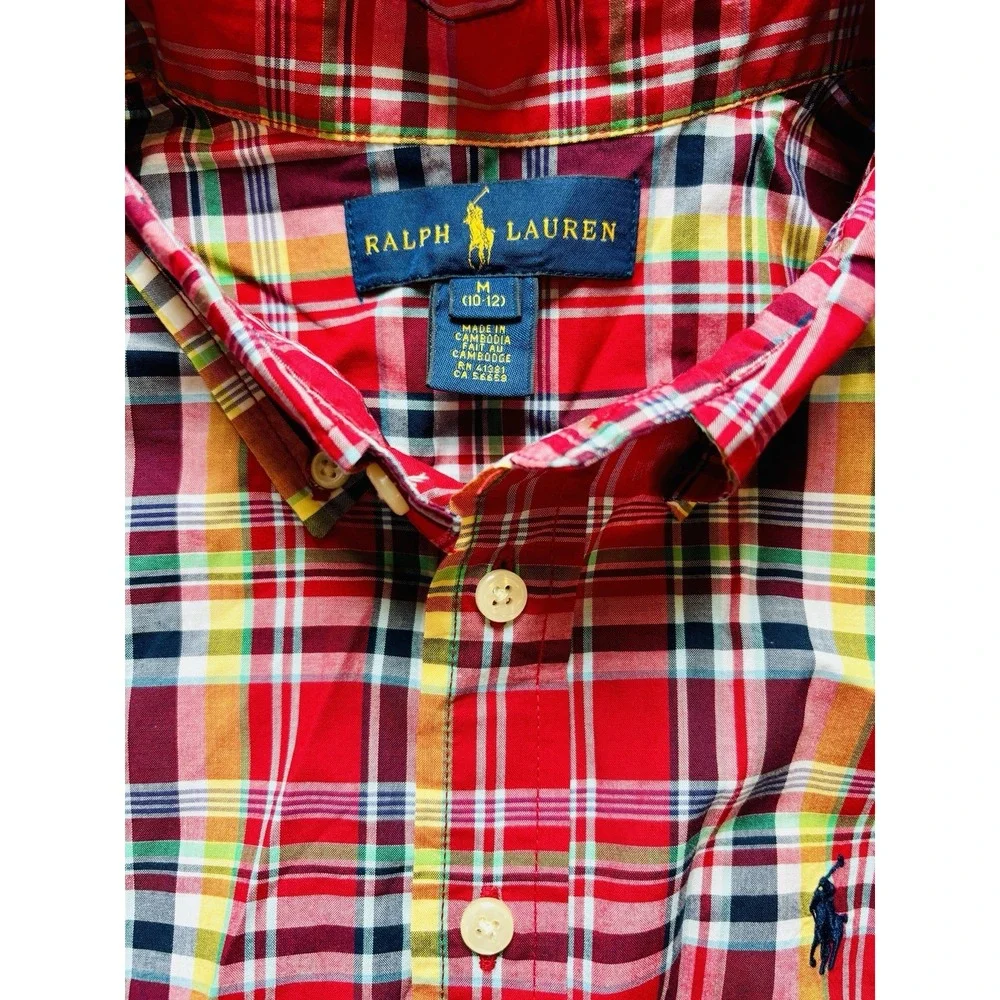 Boy's Ralph Lauren Medium 10/12 Red Yellow Navy Black Plaid Long Sleeve‎ Shirt